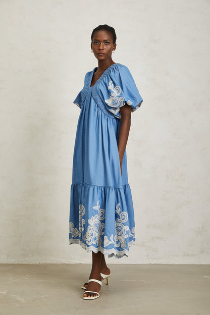 Héloïse Blue Floral Embroidered Shirred Midi Dress