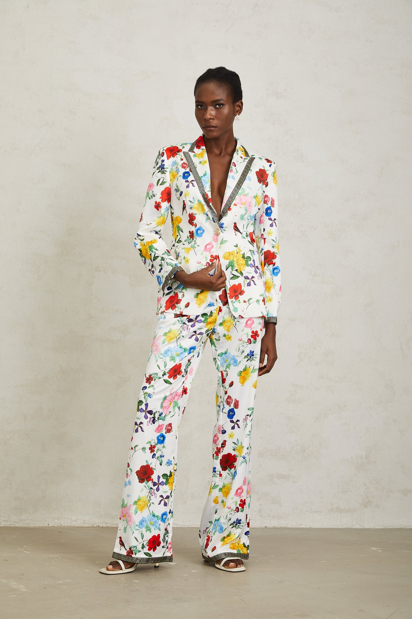 Lucía White Labyrinth Trim Floral Blazer & Trousers Set