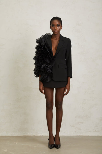 Justine Black Ruffled Tulle Panel Blazer