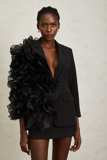 Justine Black Ruffled Tulle Panel Blazer