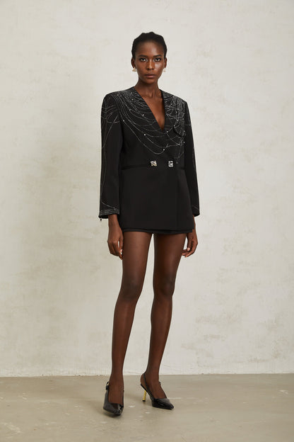 Nolwenn Black Web Pattern Rhinestone Blazer
