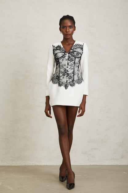Ivana White Floral Lace Panel Mini Dress