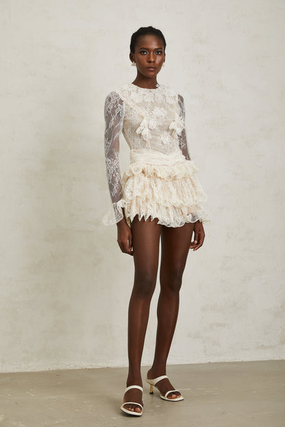Baptistine White Floral Lace Tiered Mini Dress