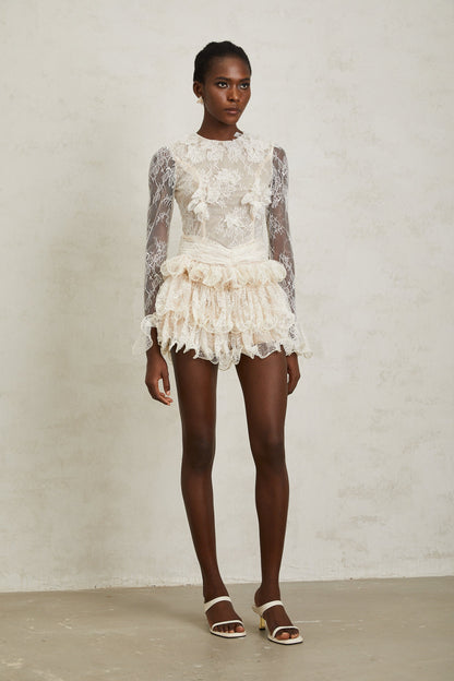 Baptistine White Floral Lace Tiered Mini Dress