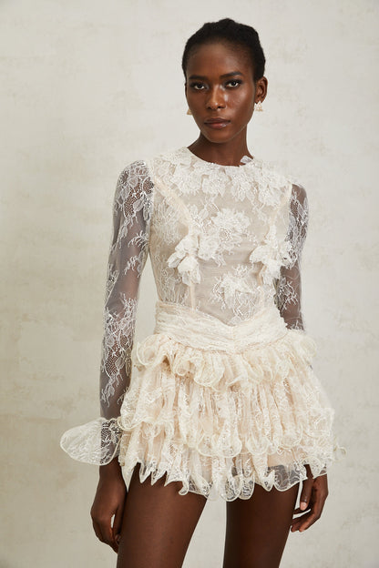 Baptistine White Floral Lace Tiered Mini Dress