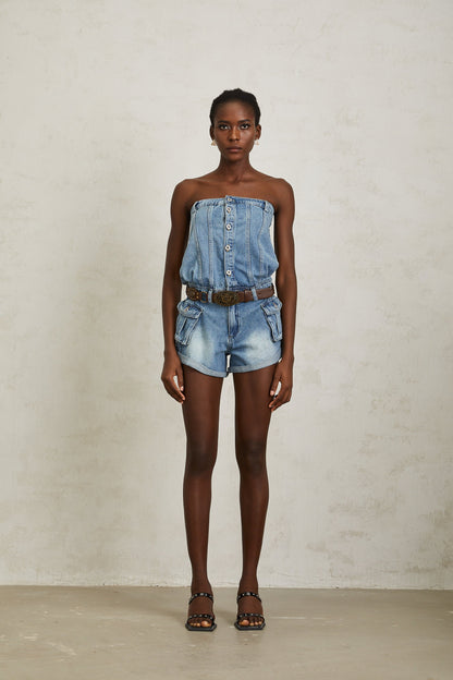 Marta Blue Faded Effect Denim Playsuit