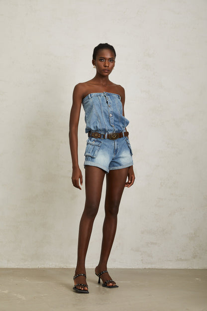 Marta Blue Faded Effect Denim Playsuit