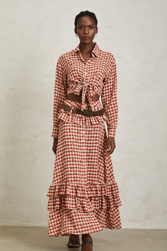 Céline Red Rose Print Plaid Shirt & Skirt Set