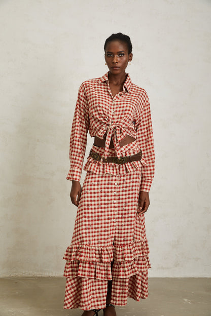 Céline Red Rose Print Plaid Shirt & Skirt Set