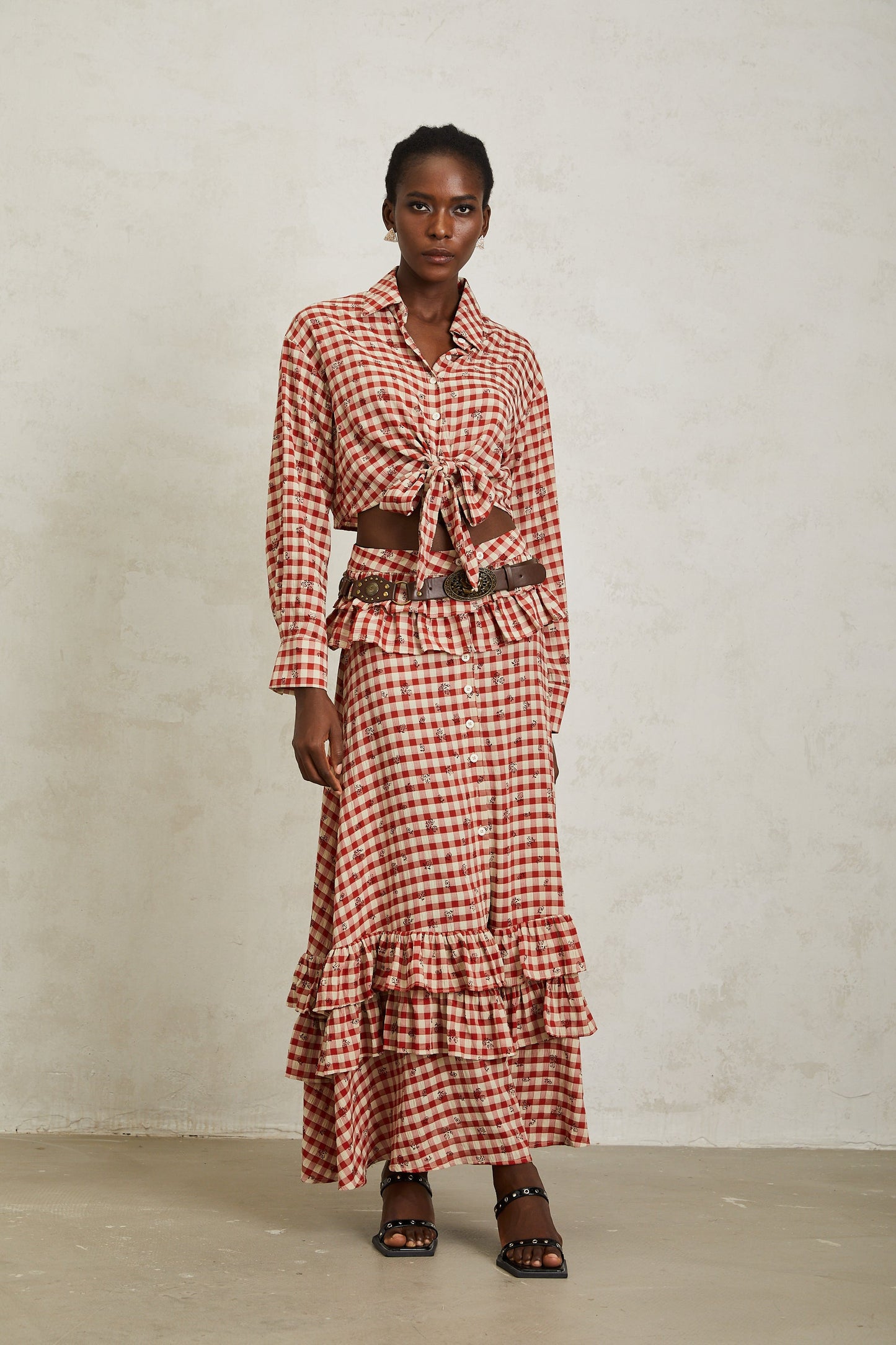 Céline Red Rose Print Plaid Shirt & Skirt Set