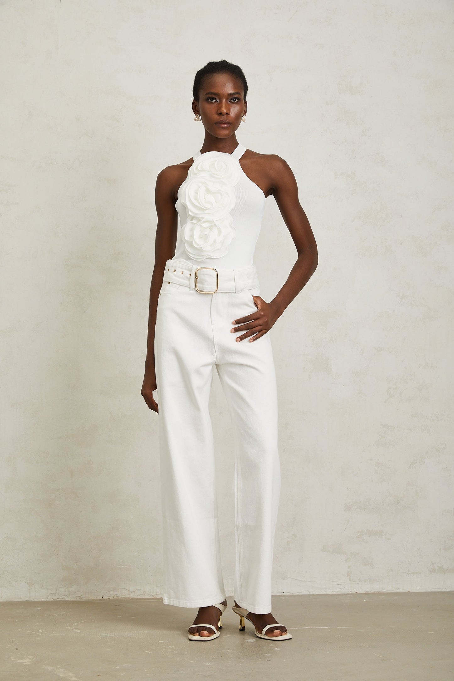 Irina White Wide Leg Belted Denim Jeans