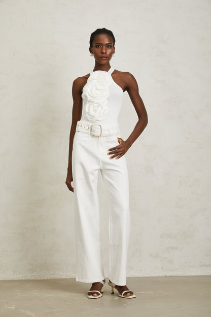 Irina White Wide Leg Belted Denim Jeans