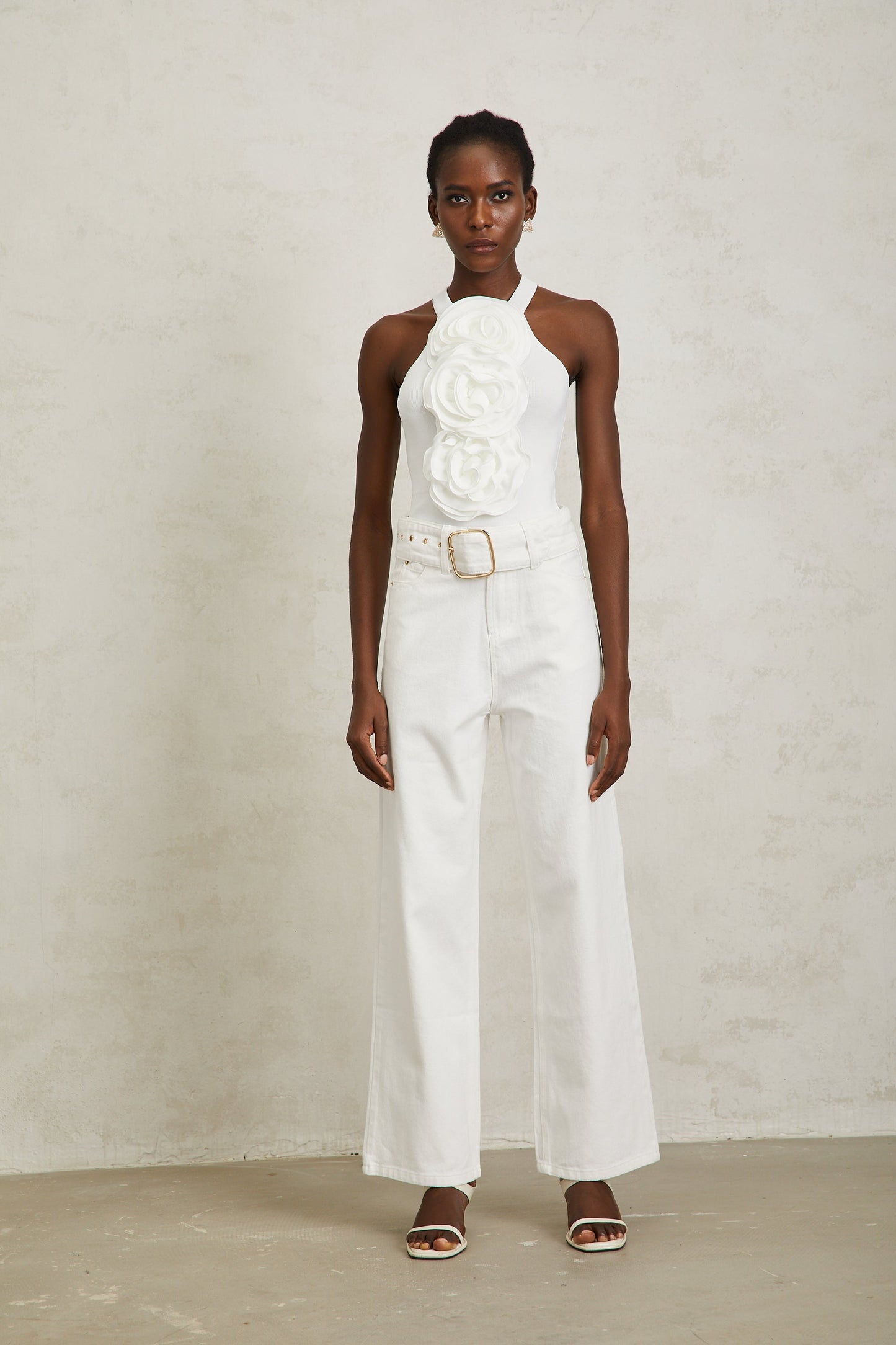 Irina White Wide Leg Belted Denim Jeans