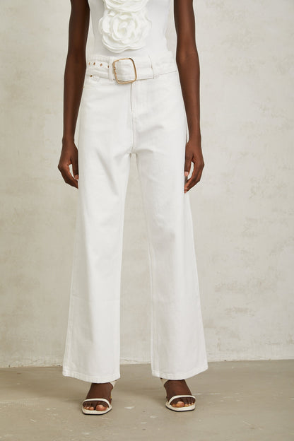 Irina White Wide Leg Belted Denim Jeans