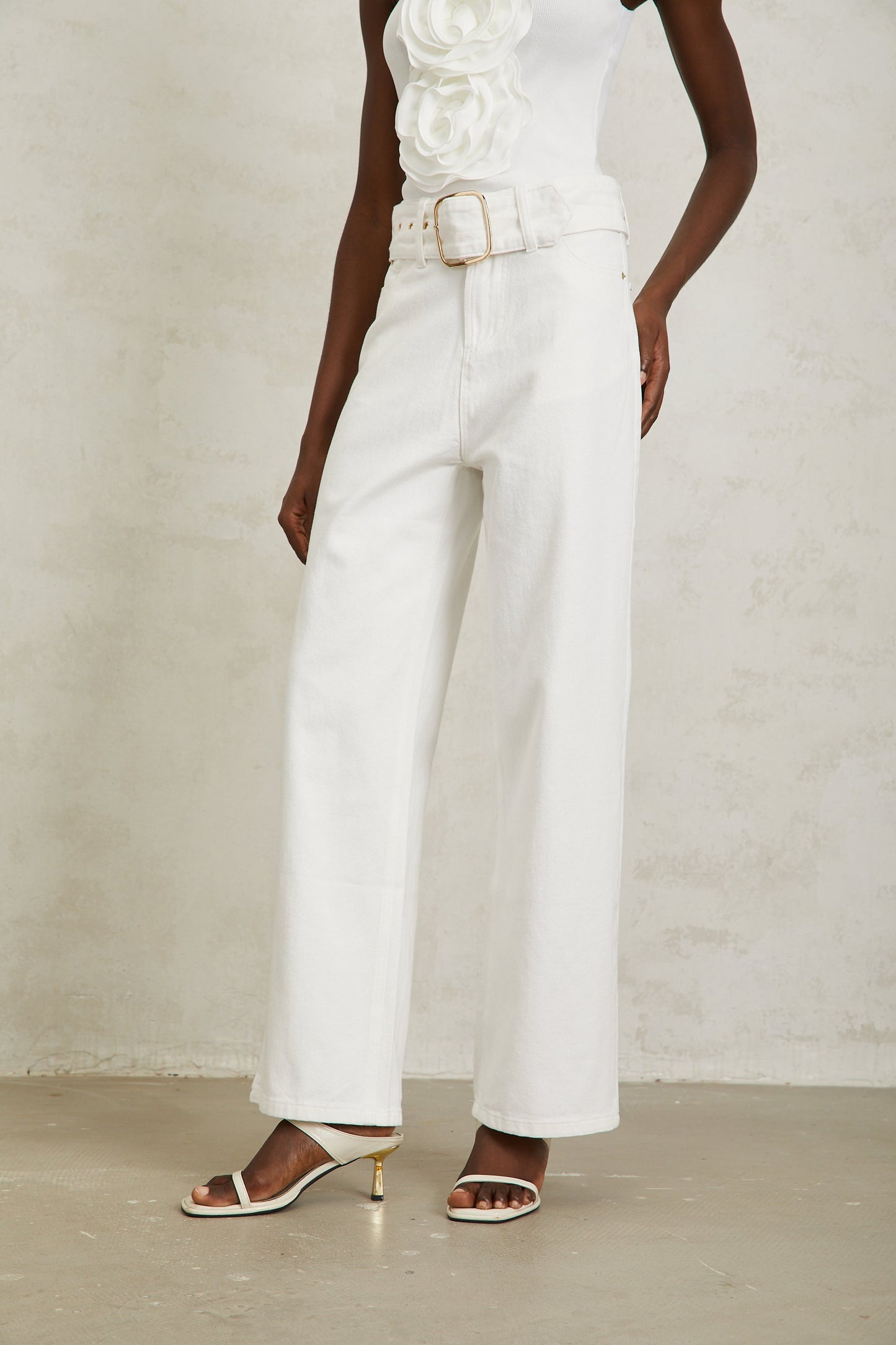 Irina White Wide Leg Belted Denim Jeans