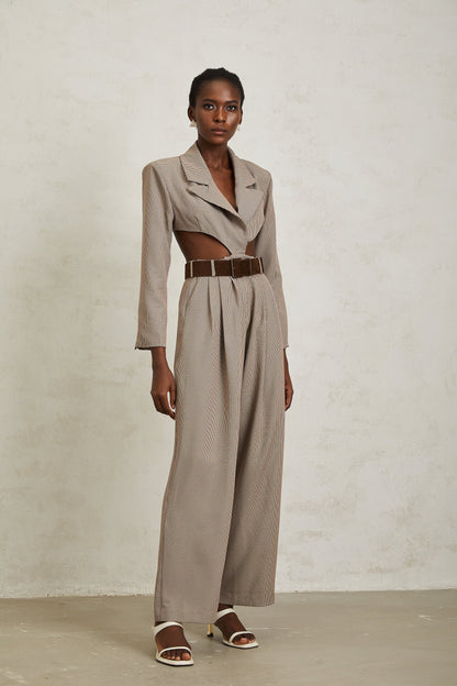 Cayetana Khaki Cut Out Houndstooth Jumpsuit