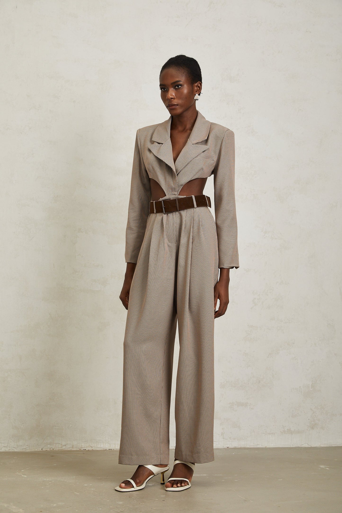 Cayetana Khaki Cut Out Houndstooth Jumpsuit