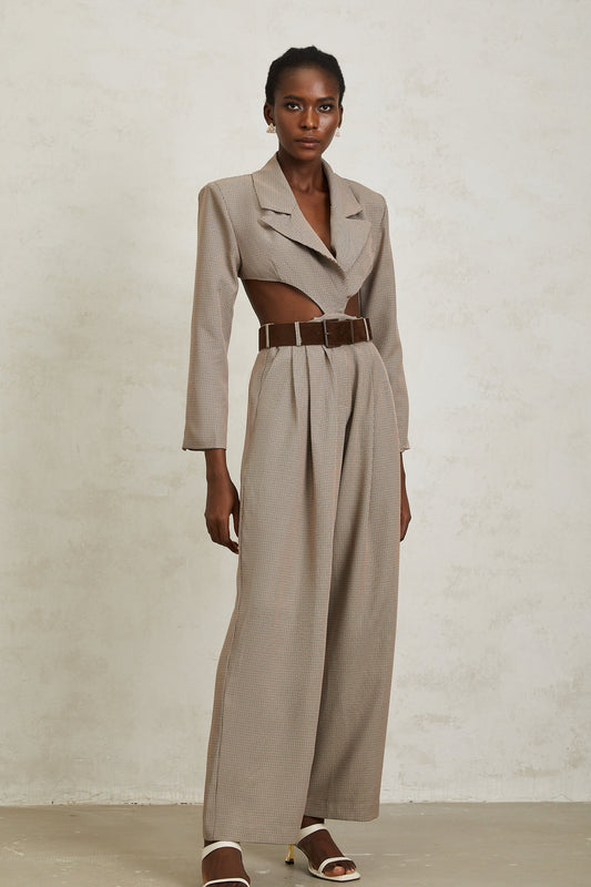 Cayetana Khaki Cut Out Houndstooth Jumpsuit