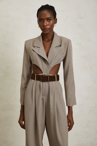 Cayetana Khaki Cut Out Houndstooth Jumpsuit