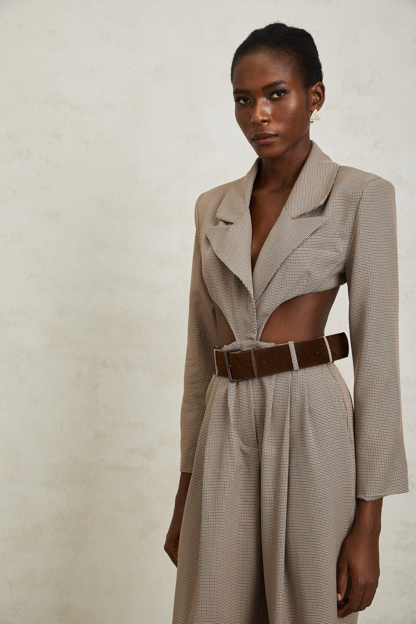 Cayetana Khaki Cut Out Houndstooth Jumpsuit