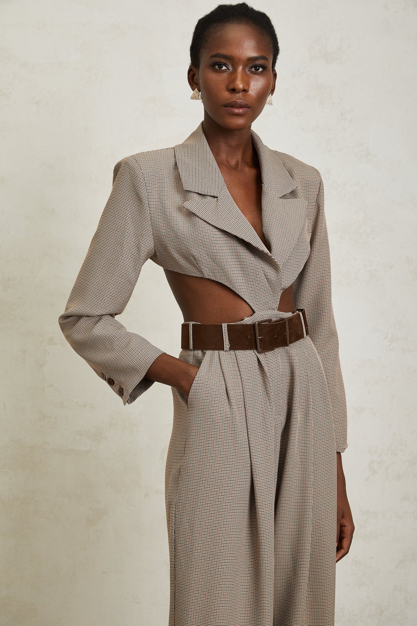 Cayetana Khaki Cut Out Houndstooth Jumpsuit