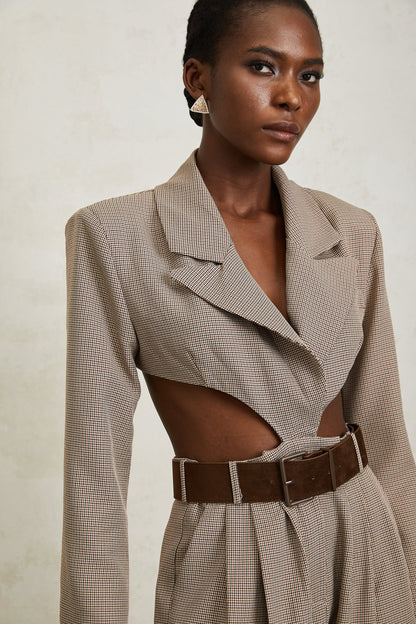 Cayetana Khaki Cut Out Houndstooth Jumpsuit