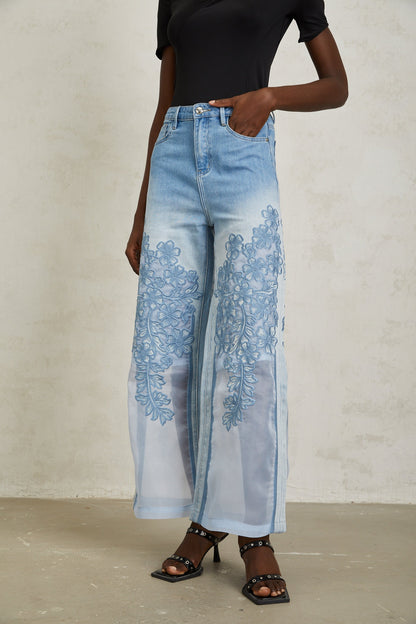Inmaculada Blue Tulle Panel Floral Embroidered Jeans
