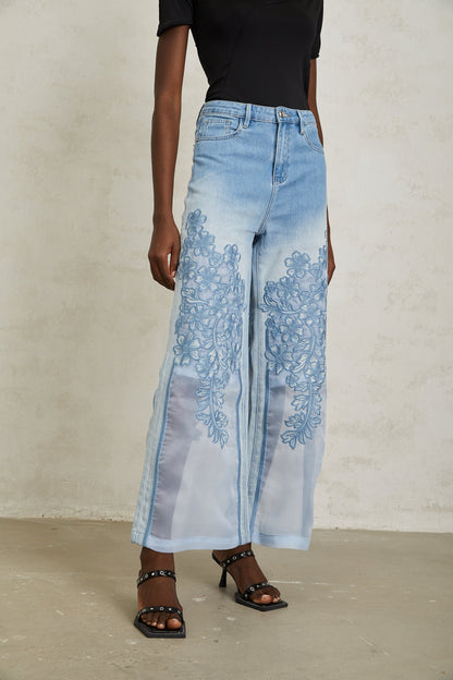 Inmaculada Blue Tulle Panel Floral Embroidered Jeans