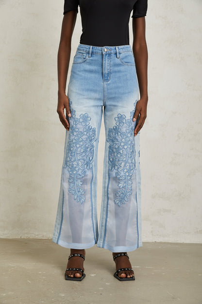 Inmaculada Blue Tulle Panel Floral Embroidered Jeans