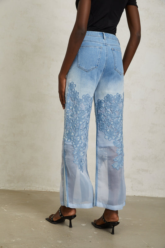 Inmaculada Blue Tulle Panel Floral Embroidered Jeans