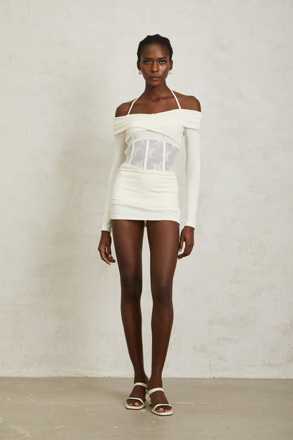 Coralie White Lace Panel Knit Blouse & Skirt Set