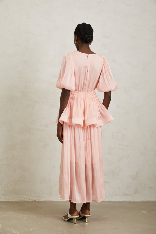 Joyanna Pink Pleated Glossy Maxi Dress