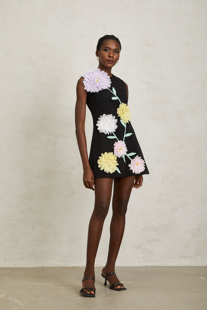 Véronique Black 3D Petal Sleeveless Mini Dress