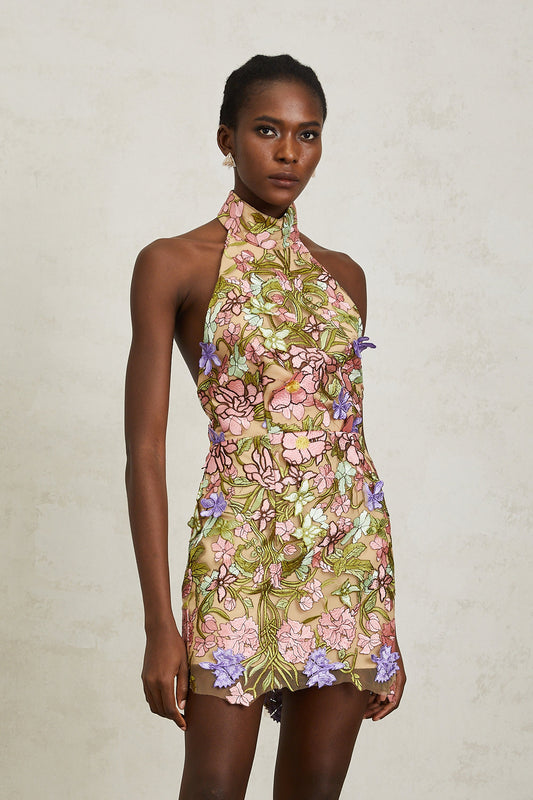 Consuelo Green Floral Embroidered Mesh Mini Dress