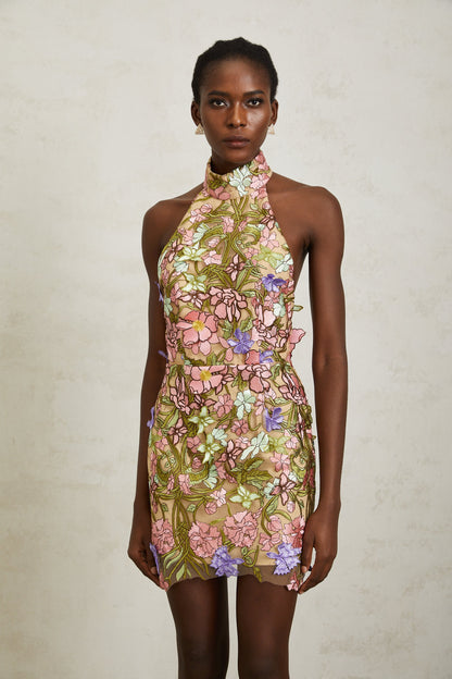 Consuelo Green Floral Embroidered Mesh Mini Dress