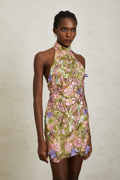 Consuelo Green Floral Embroidered Mesh Mini Dress