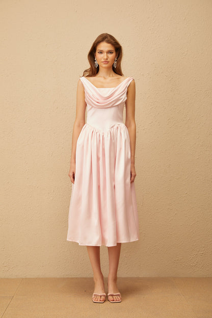 Althéa Pink Cowl Neck Voluminous Midi Dress