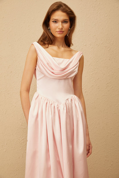 Althéa Pink Cowl Neck Voluminous Midi Dress