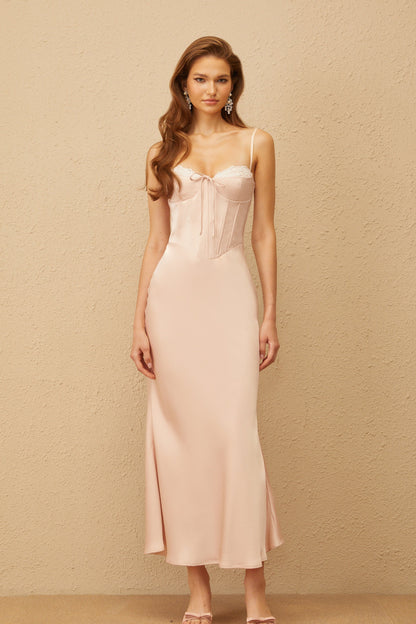 Paige Pink Lace Trim Satin Maxi Dress