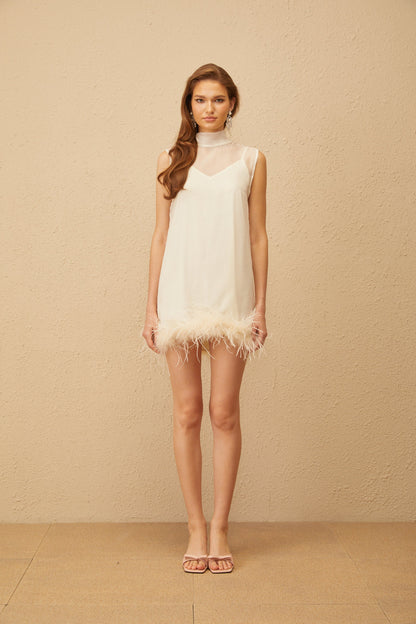 Adrienne White Feather Trim Mini Dress