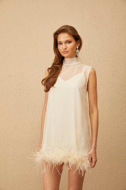 Adrienne White Feather Trim Mini Dress