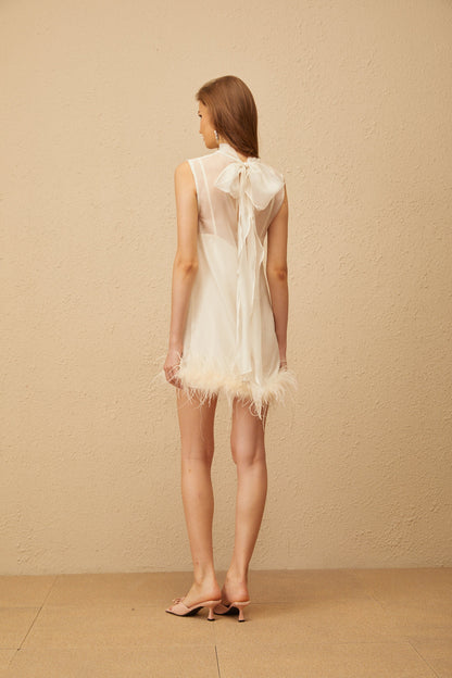 Adrienne White Feather Trim Mini Dress