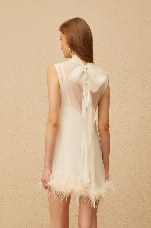Adrienne White Feather Trim Mini Dress