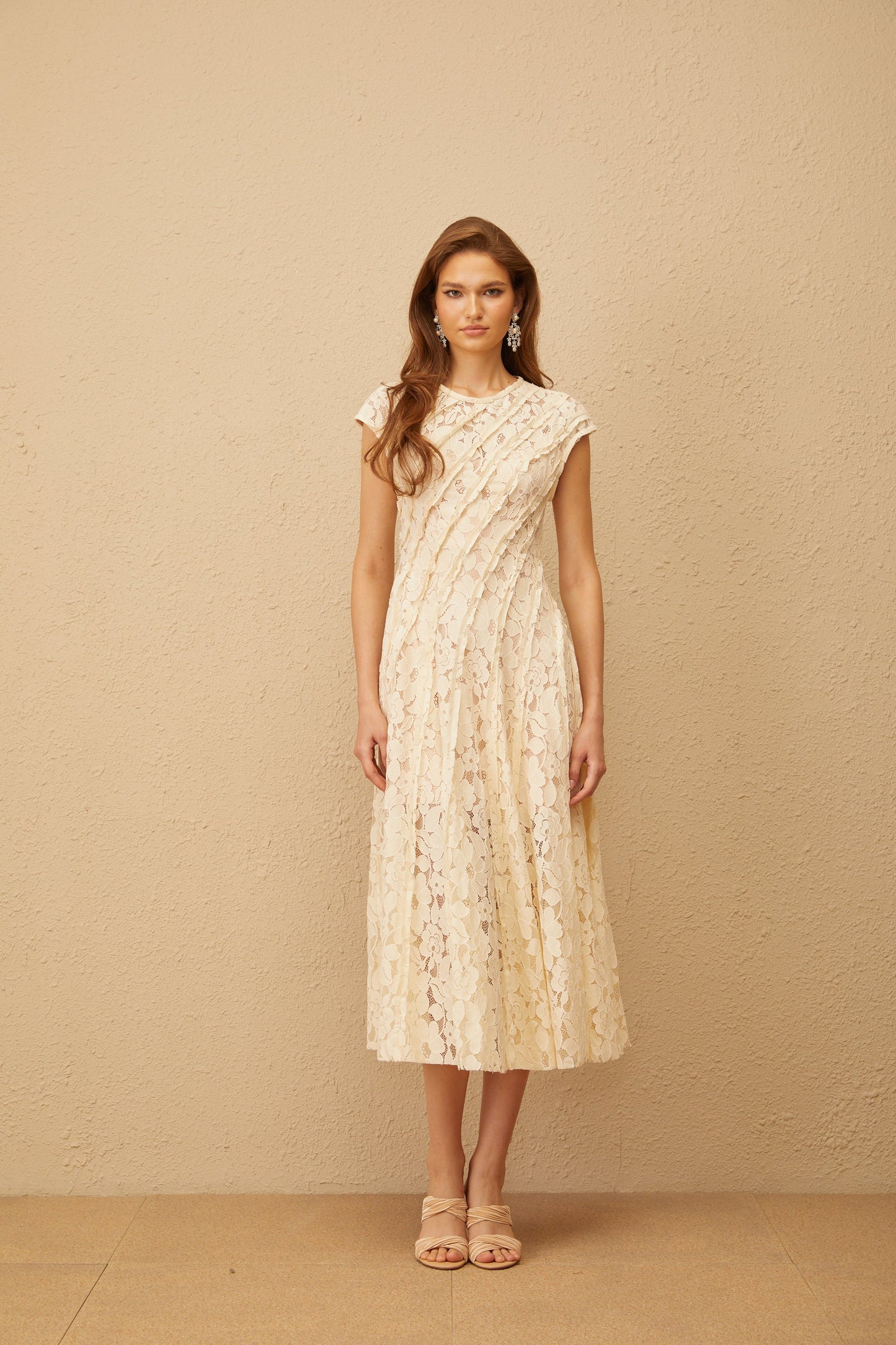 Adèle Neutral Floral Lace Midi Dress