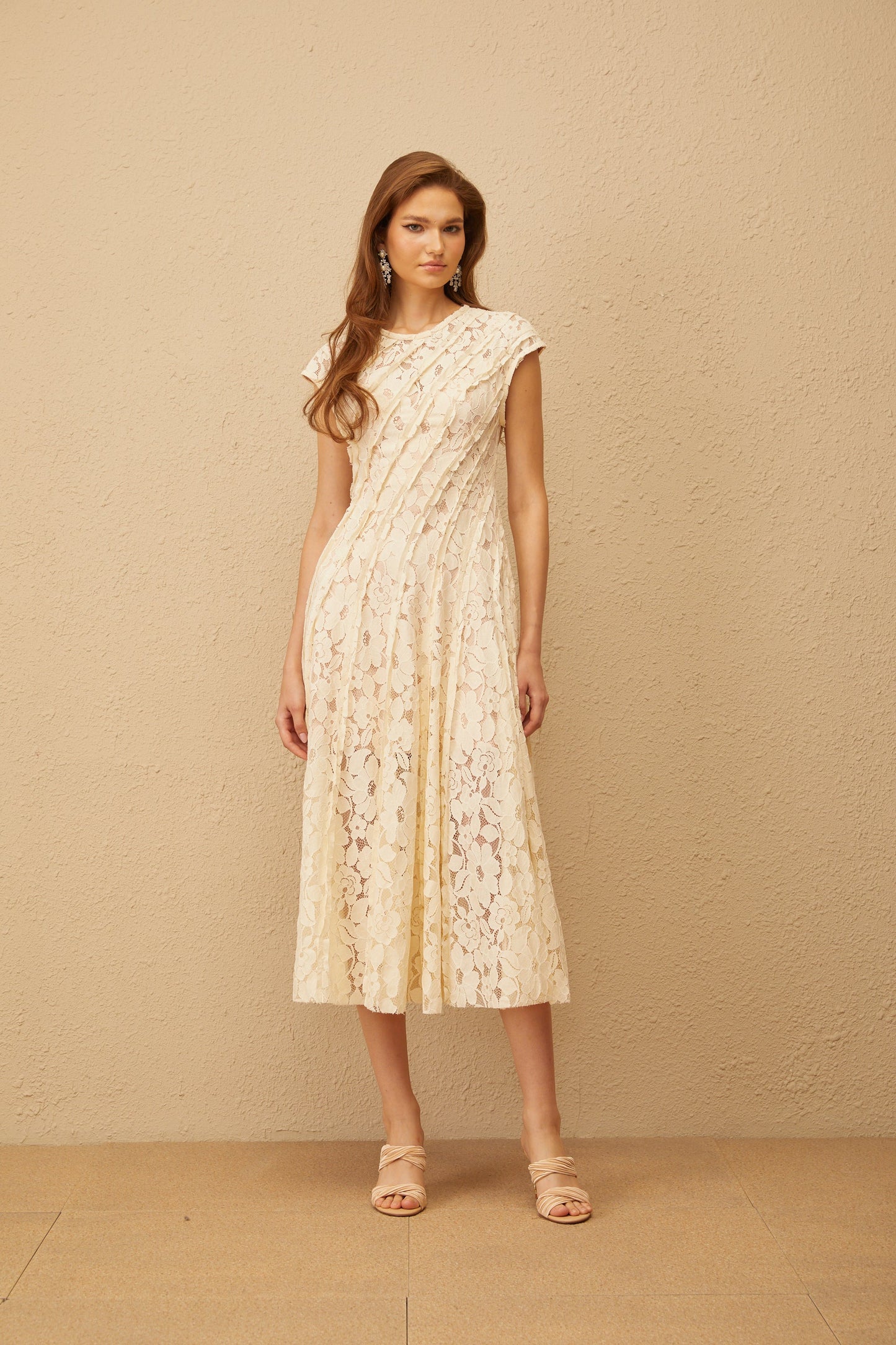 Adèle Neutral Floral Lace Midi Dress