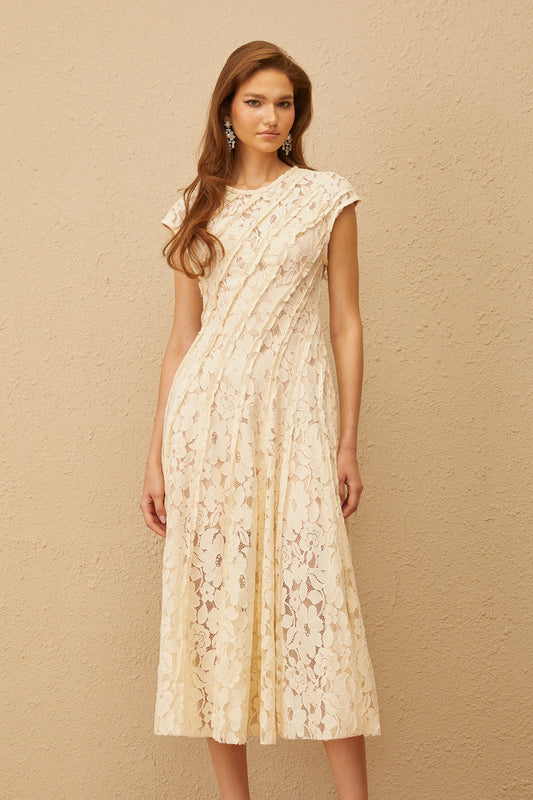 Adèle Neutral Floral Lace Midi Dress