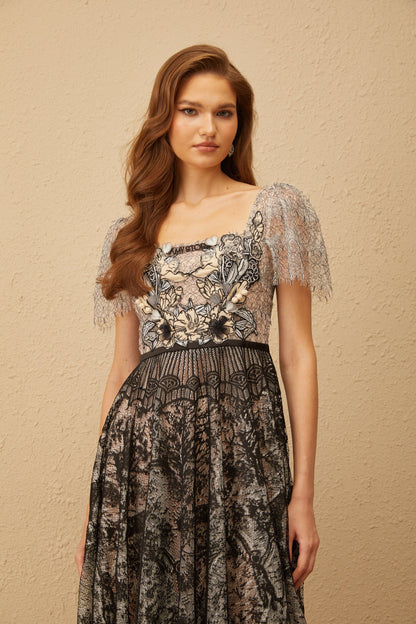 Océane Black Floral Embroidered Lace Midi Dress