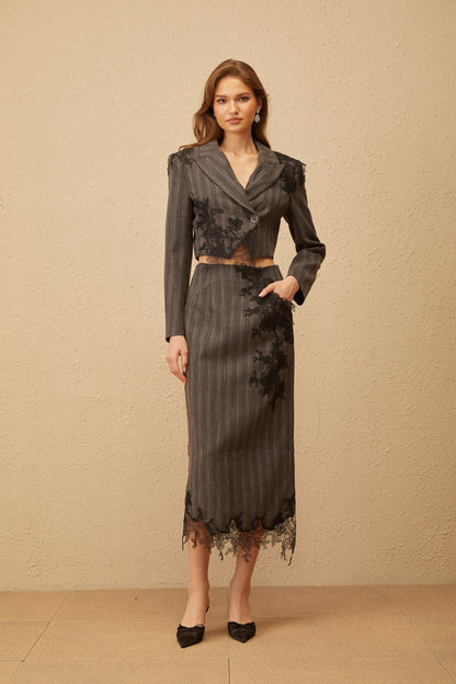 Sidonie Grey Floral Appliqué Striped Blazer & Skirt Set