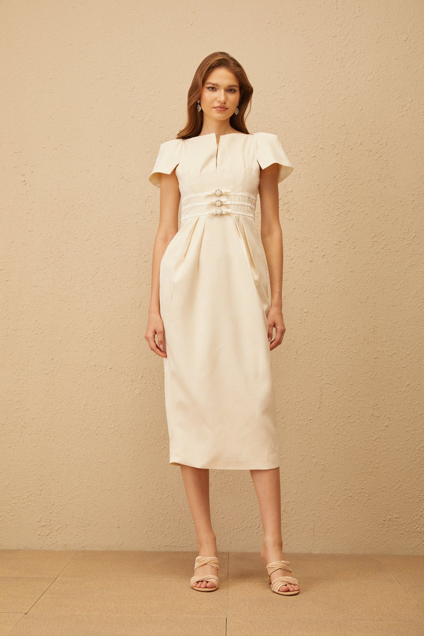 Antoinette Neutral Floral Jacquard Bowknot Midi Dress
