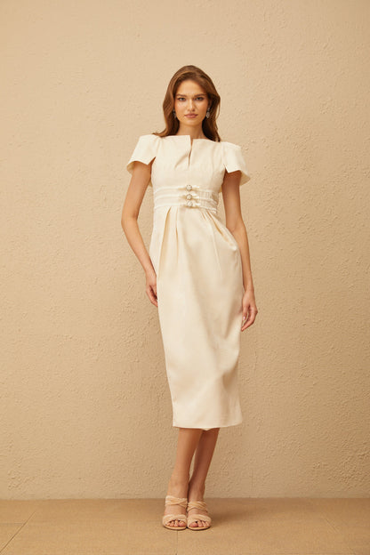 Antoinette Neutral Floral Jacquard Bowknot Midi Dress